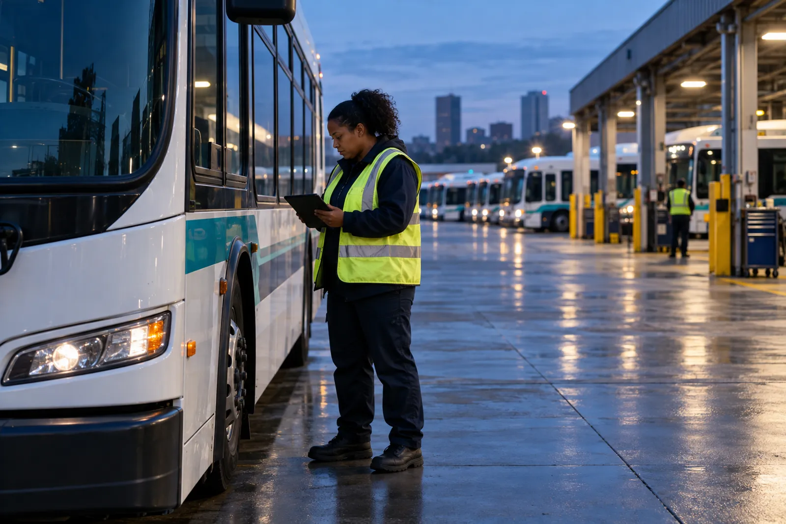 An operator in a high-visibility vest does a pre-trip inspection with a tablet beside a row of buses in the depot at dawn.