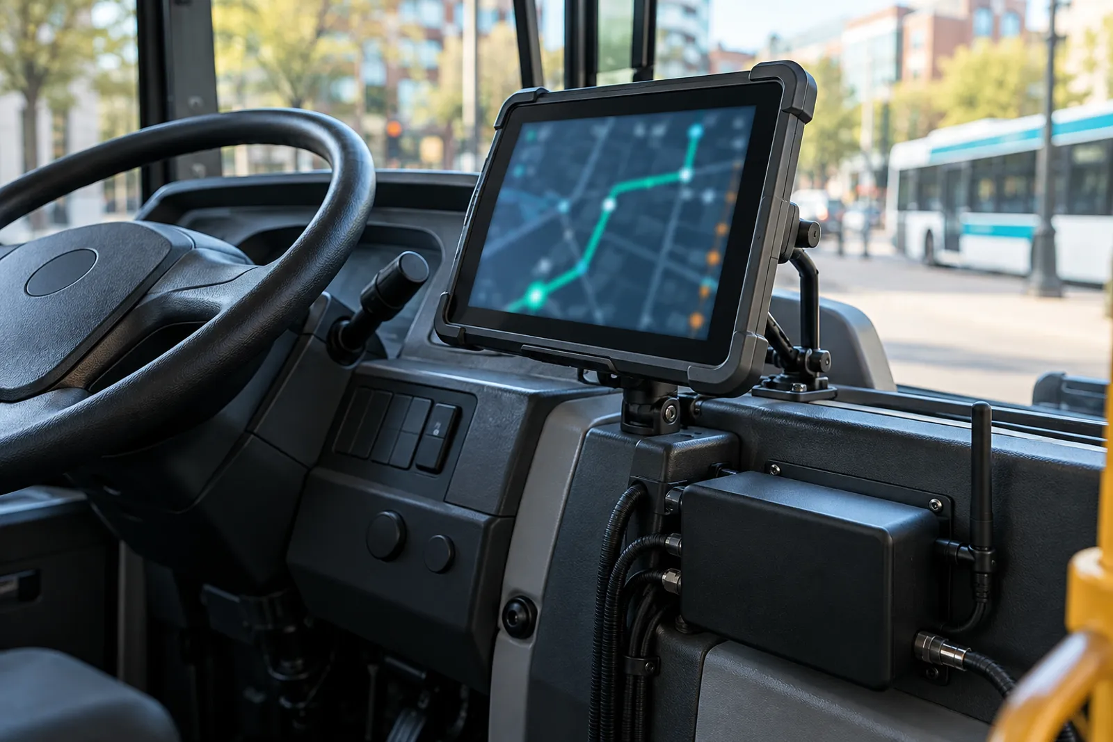 A rugged driver tablet in a dash mount beside the steering wheel, with a compact onboard computer below the dash.