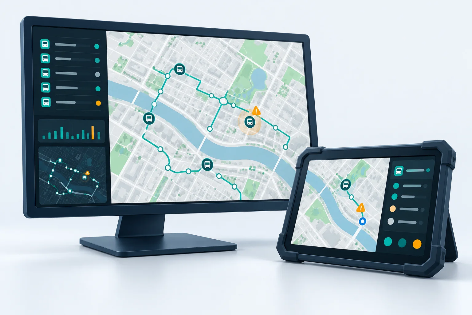 Concept illustration of a dispatcher monitor and rugged driver tablet showing coordinated route maps.