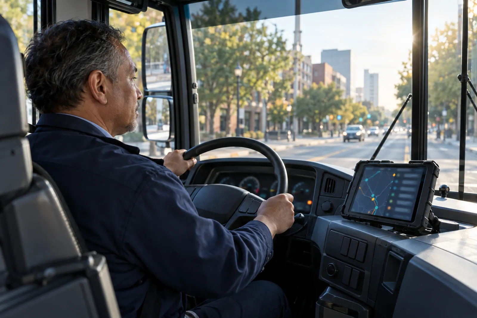 A bus operator at the wheel, with a driver tablet mounted on the dash.