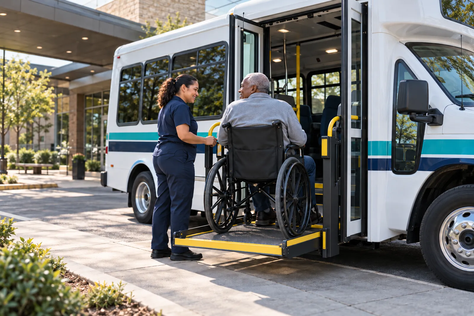 A paratransit driver helps a rider in a wheelchair onto the lift of an accessible van outside a clinic.