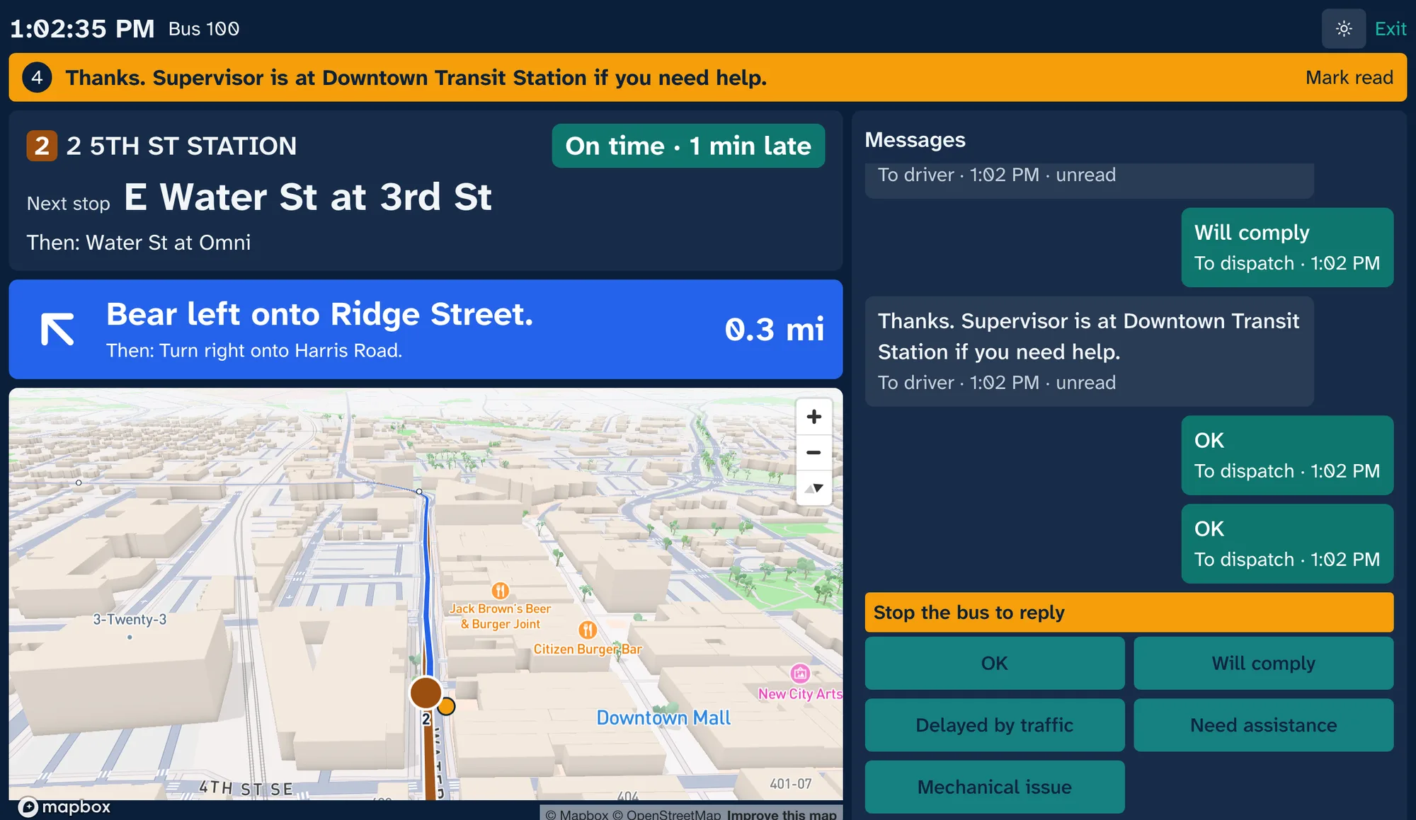 Bus Lark driver tablet: next stop, schedule adherence, a turn-by-turn instruction, a 3D route map and a message thread with dispatch with one-tap replies.