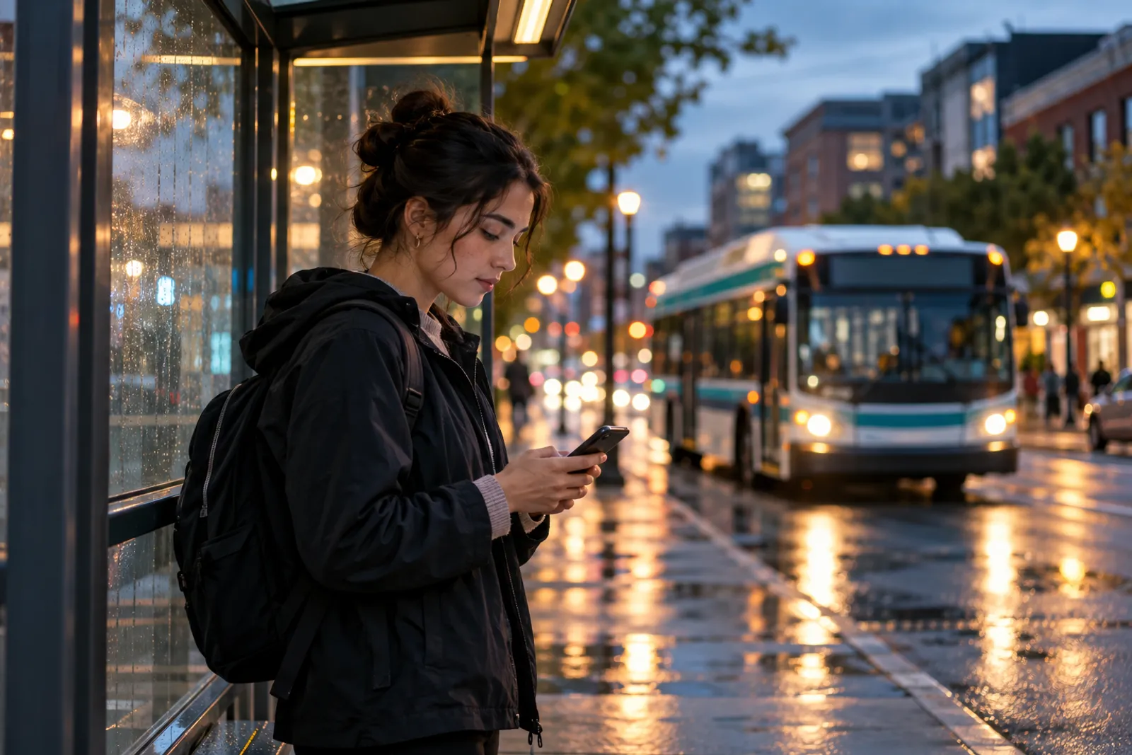 A rider at a bus shelter in the evening checks her phone as a bus approaches.