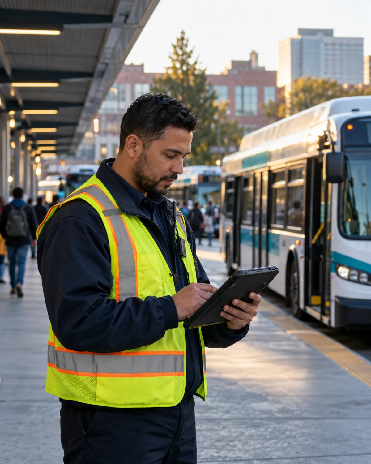 A road supervisor in a high-visibility vest checks a tablet at a downtown transit center with buses at the bays.